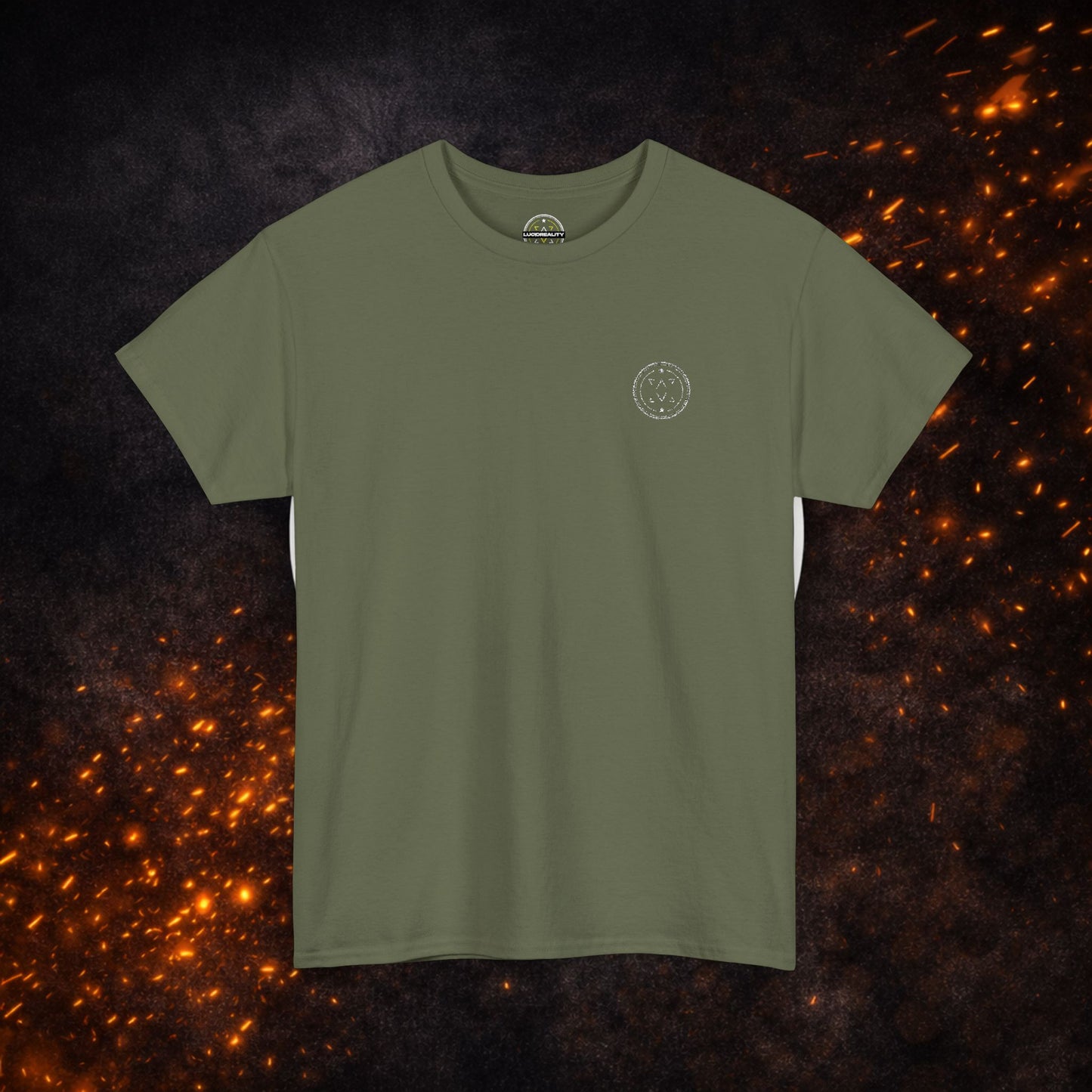 Olive green Lucid Reality Minimalist Embroidered Logo Tee with small white embroidered logo on the front left chest, short sleeves, and crew neckline.