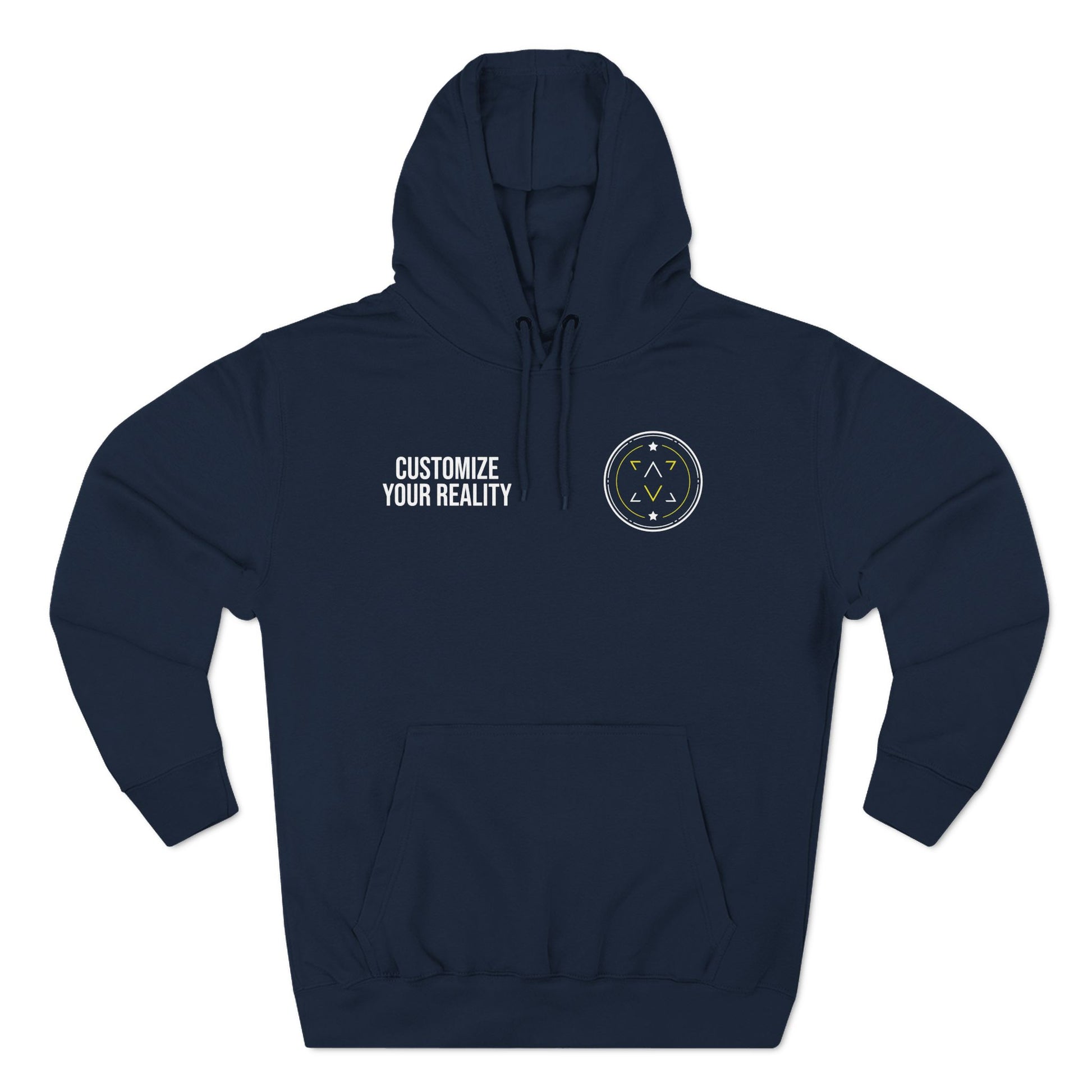 Navy custom Lucid Reality hoodie, front emblem with personalization zone, flat