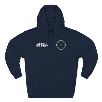 Navy custom Lucid Reality hoodie, front emblem with personalization zone, flat