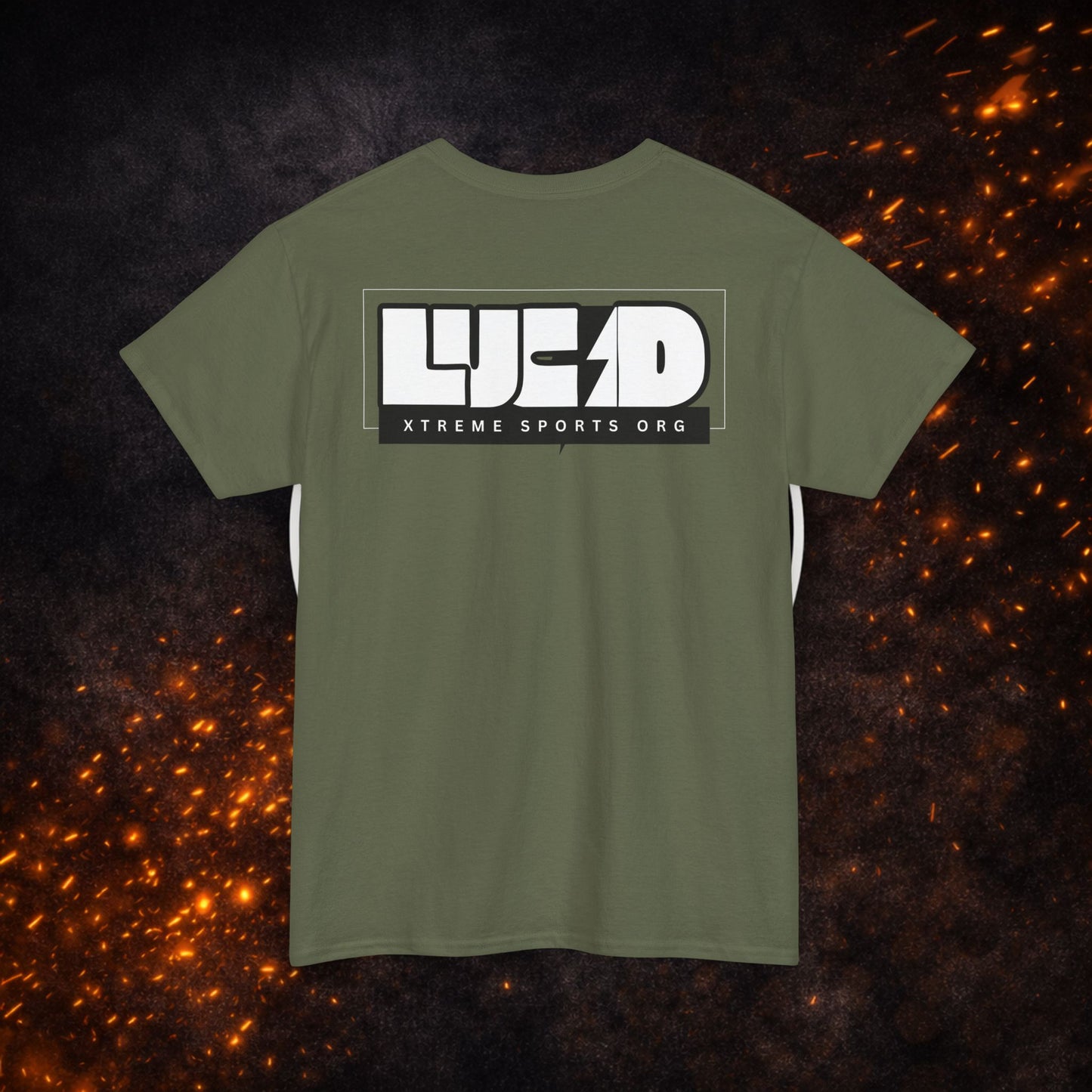 Back view of the military green Lightning Bolt Tee featuring the white "LUCID" graphic.
