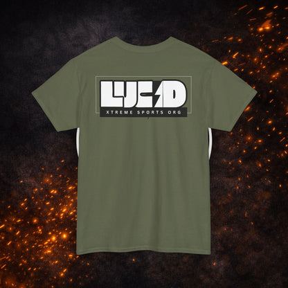 Back view of the military green Lightning Bolt Tee featuring the white "LUCID" graphic.