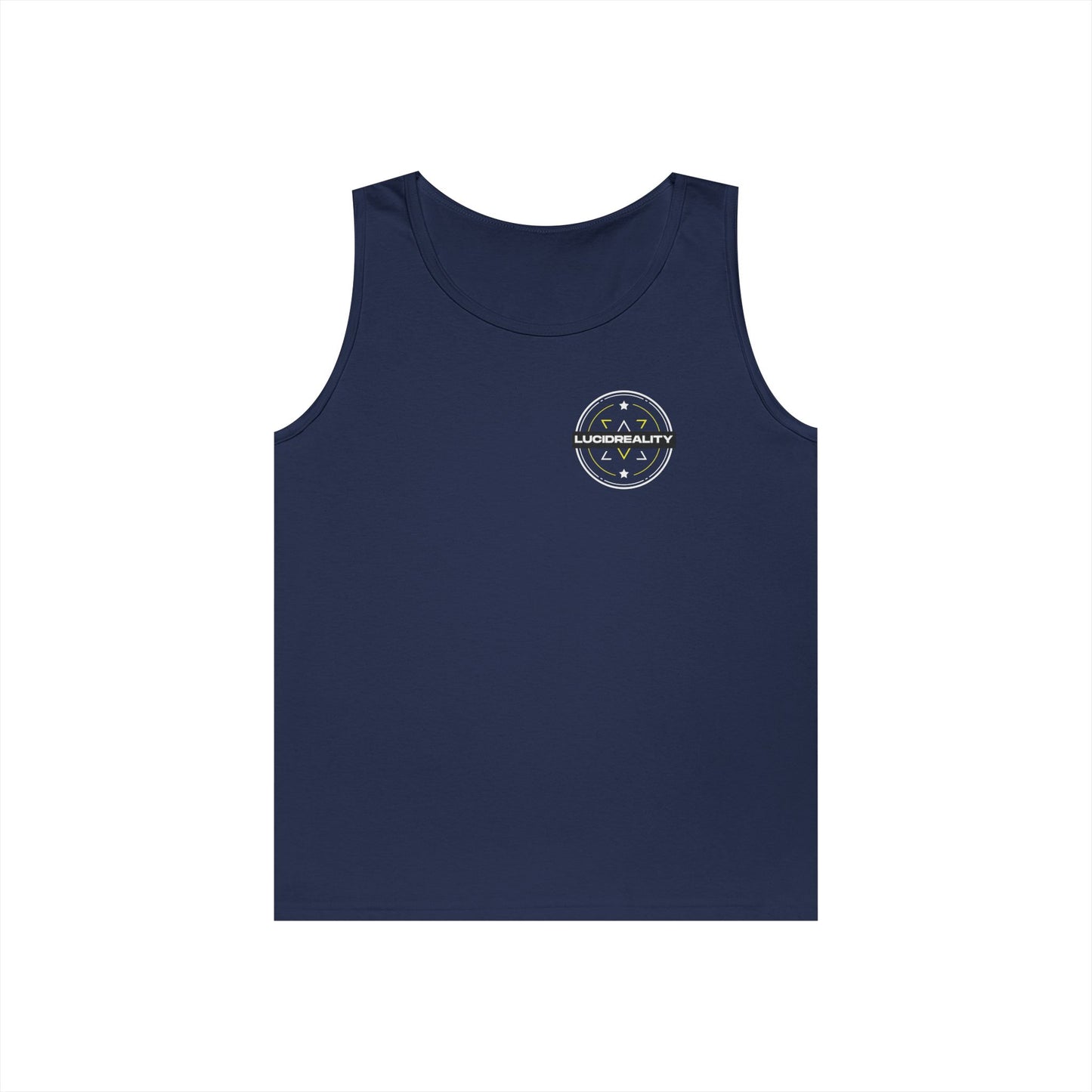 Navy Live Life Limitless tank, front Lucid Reality logo, flat lay
