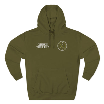 Army green custom Lucid Reality hoodie, front emblem with personalization zone, flat