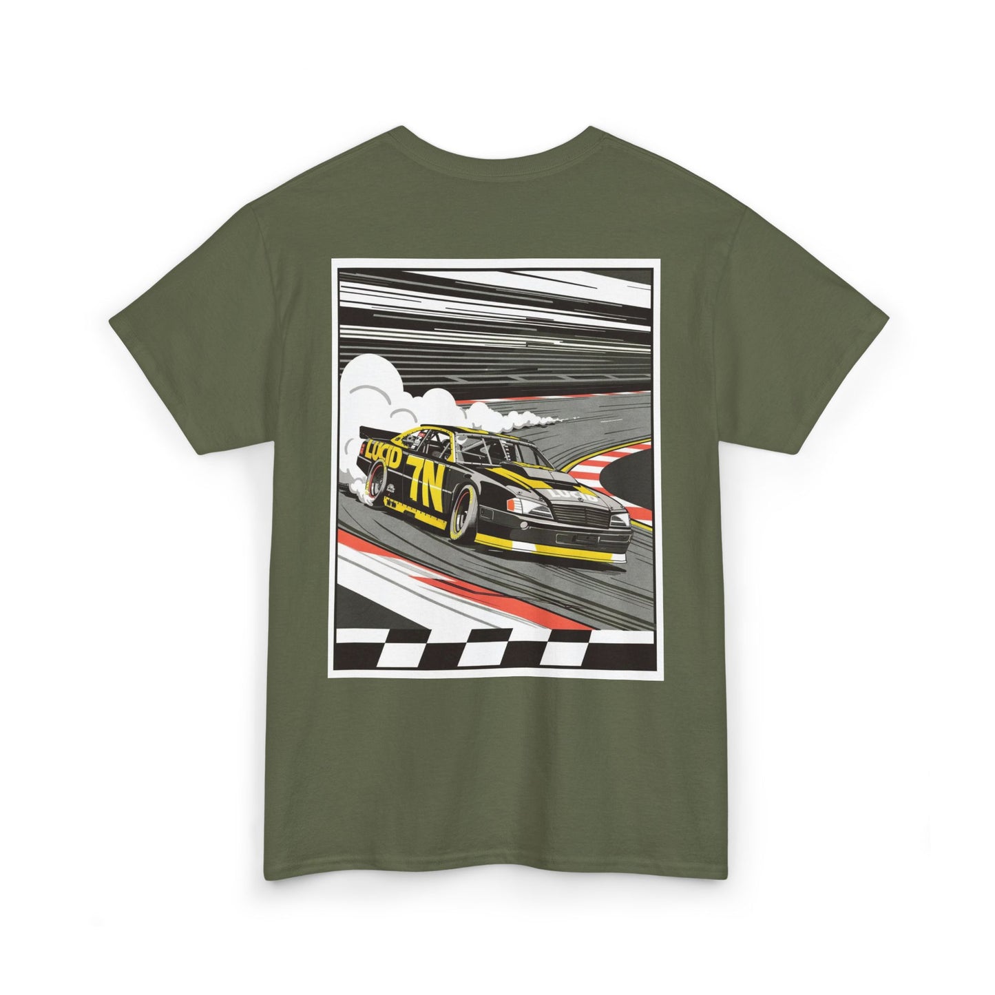 Purple Pro Stock Racing Tee, back Pro Stock car graphic, flat lay
