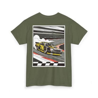 Purple Pro Stock Racing Tee, back Pro Stock car graphic, flat lay