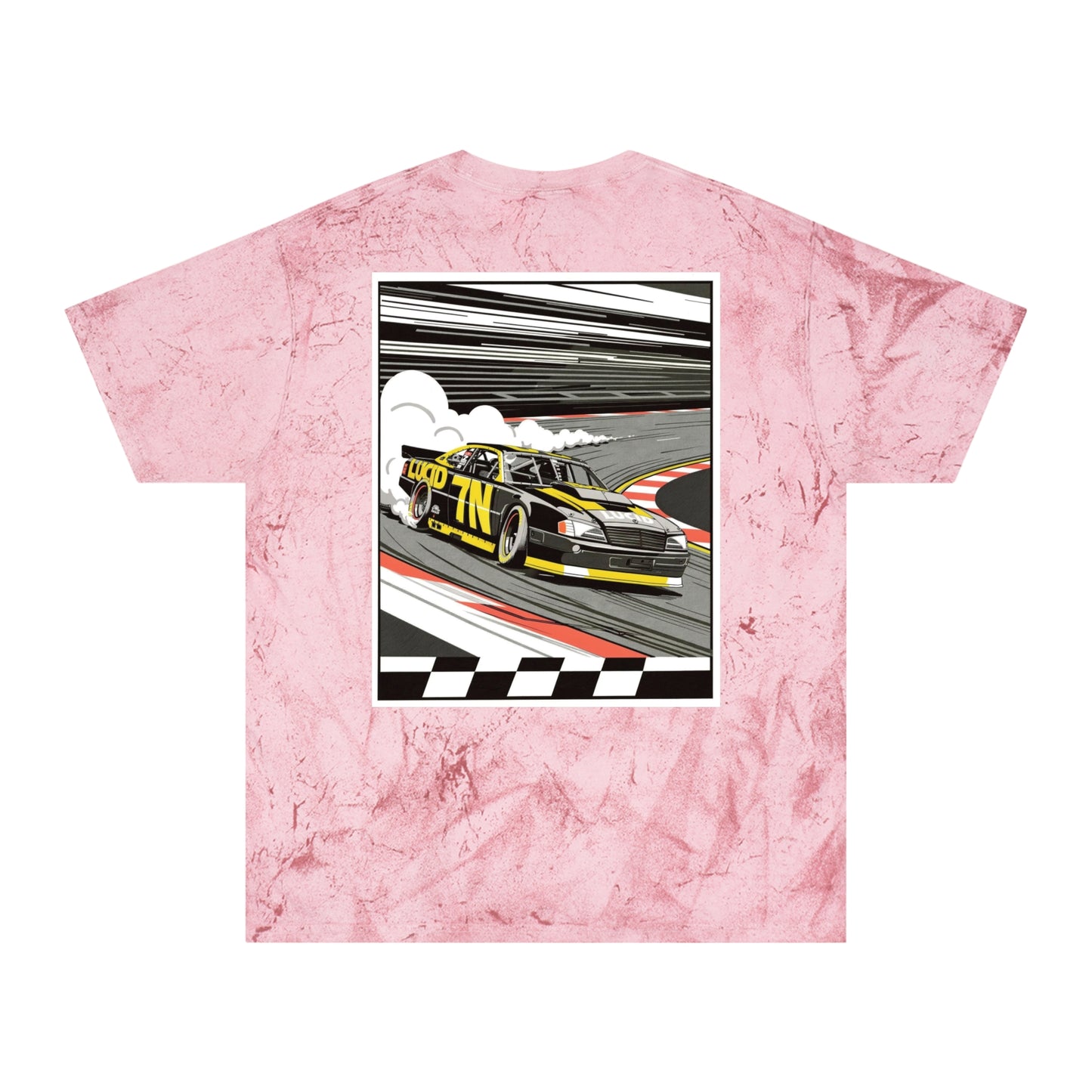Smoke Color Blast tee, marbled grey, back Pro Stock car graphic, flat