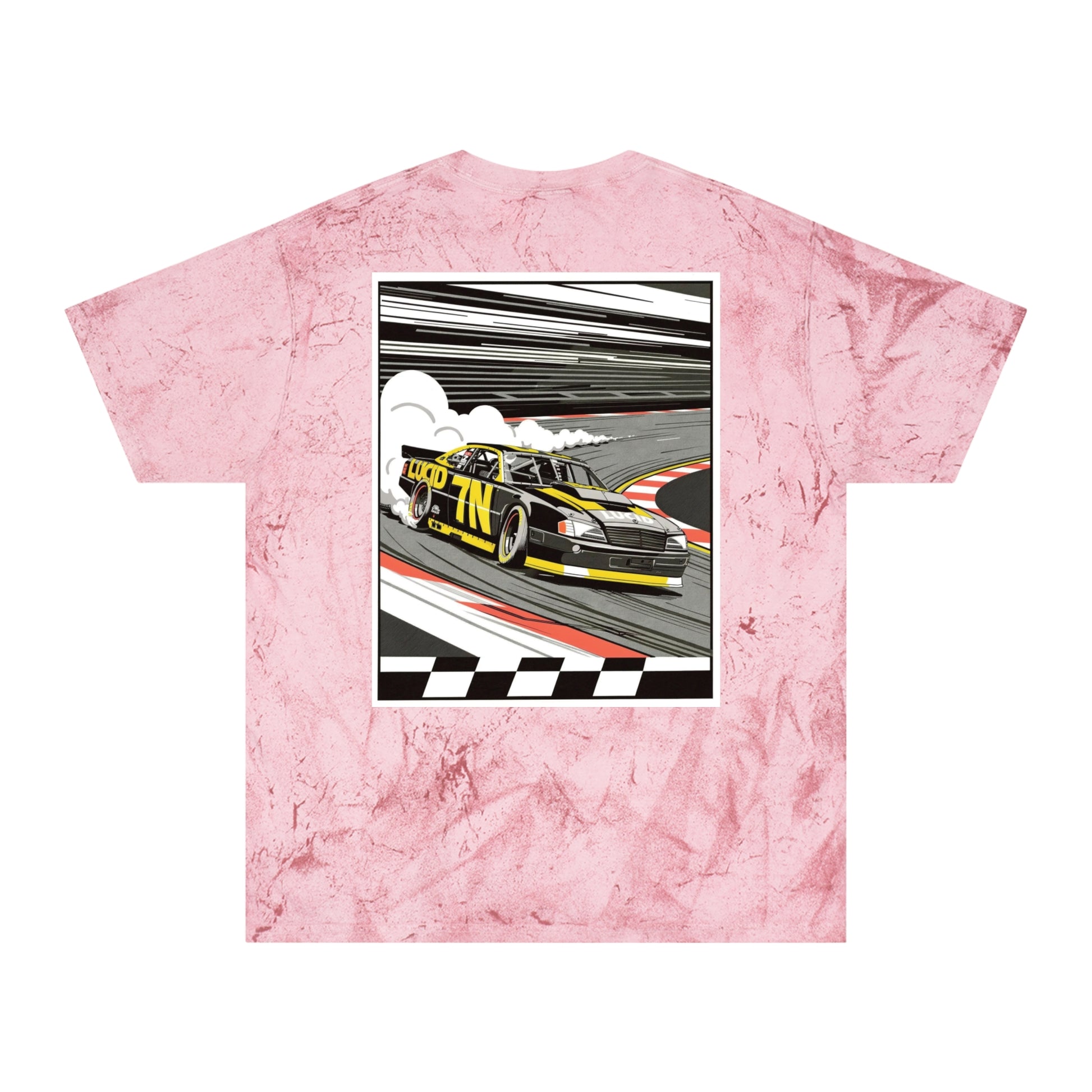 Smoke Color Blast tee, marbled grey, back Pro Stock car graphic, flat