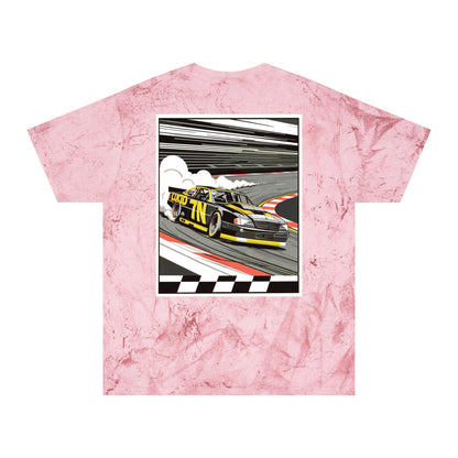 Smoke Color Blast tee, marbled grey, back Pro Stock car graphic, flat