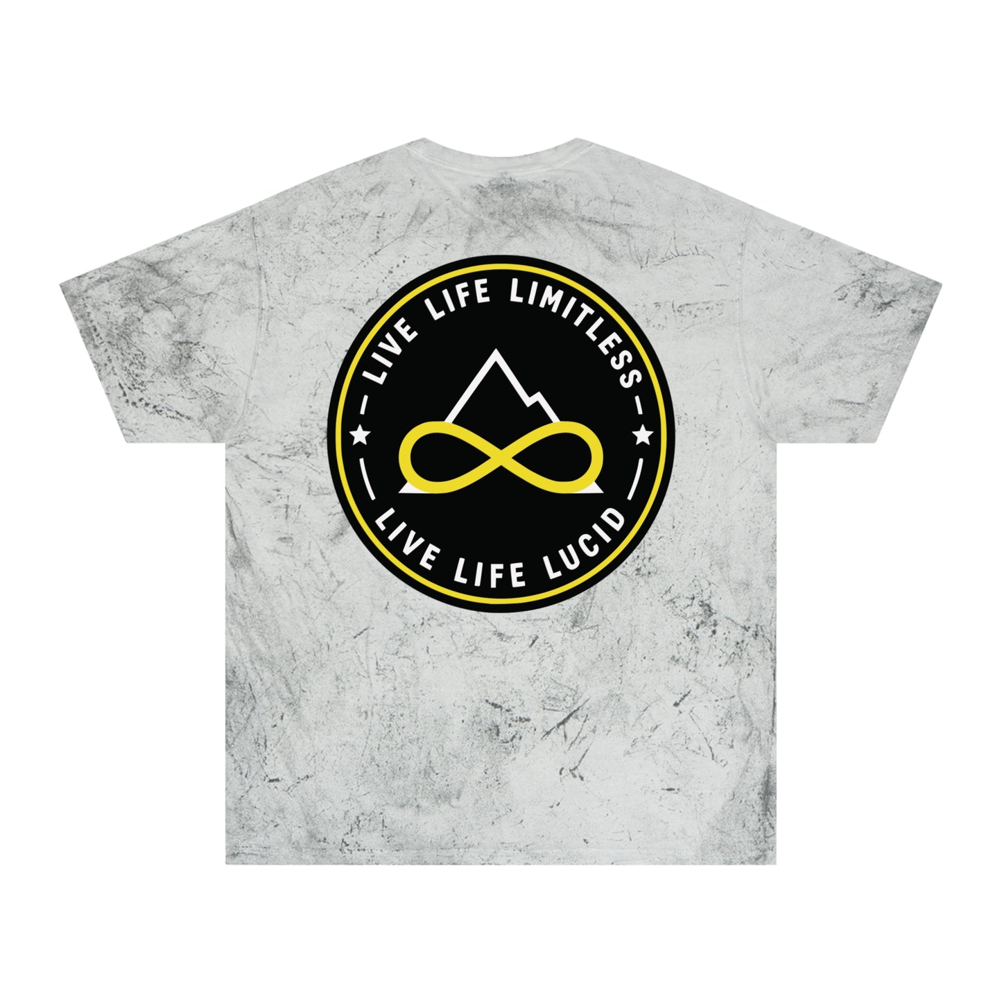 Amethyst Color Blast tee, marbled purple, back Live Life Limitless badge graphic, flat