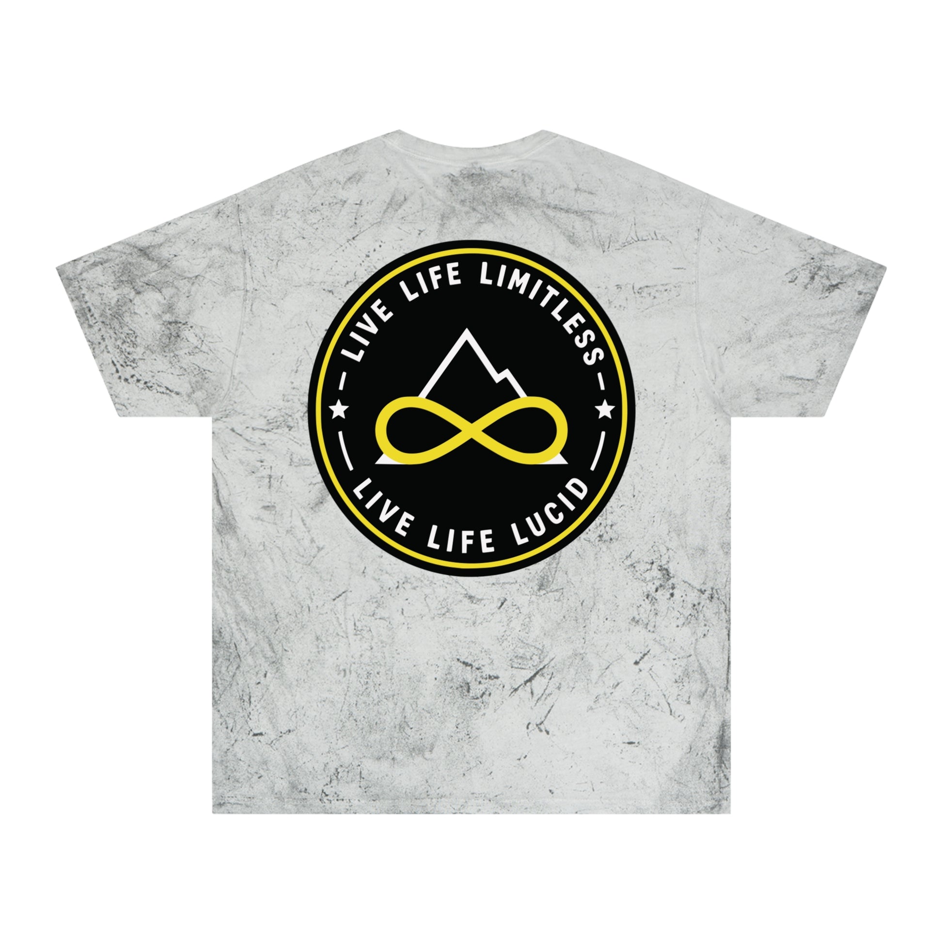 Amethyst Color Blast tee, marbled purple, back Live Life Limitless badge graphic, flat