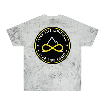 Amethyst Color Blast tee, marbled purple, back Live Life Limitless badge graphic, flat