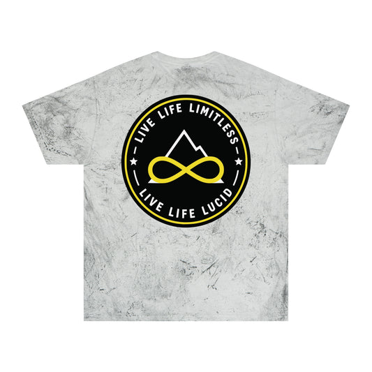 Amethyst Color Blast tee, marbled purple, back Live Life Limitless badge graphic, flat