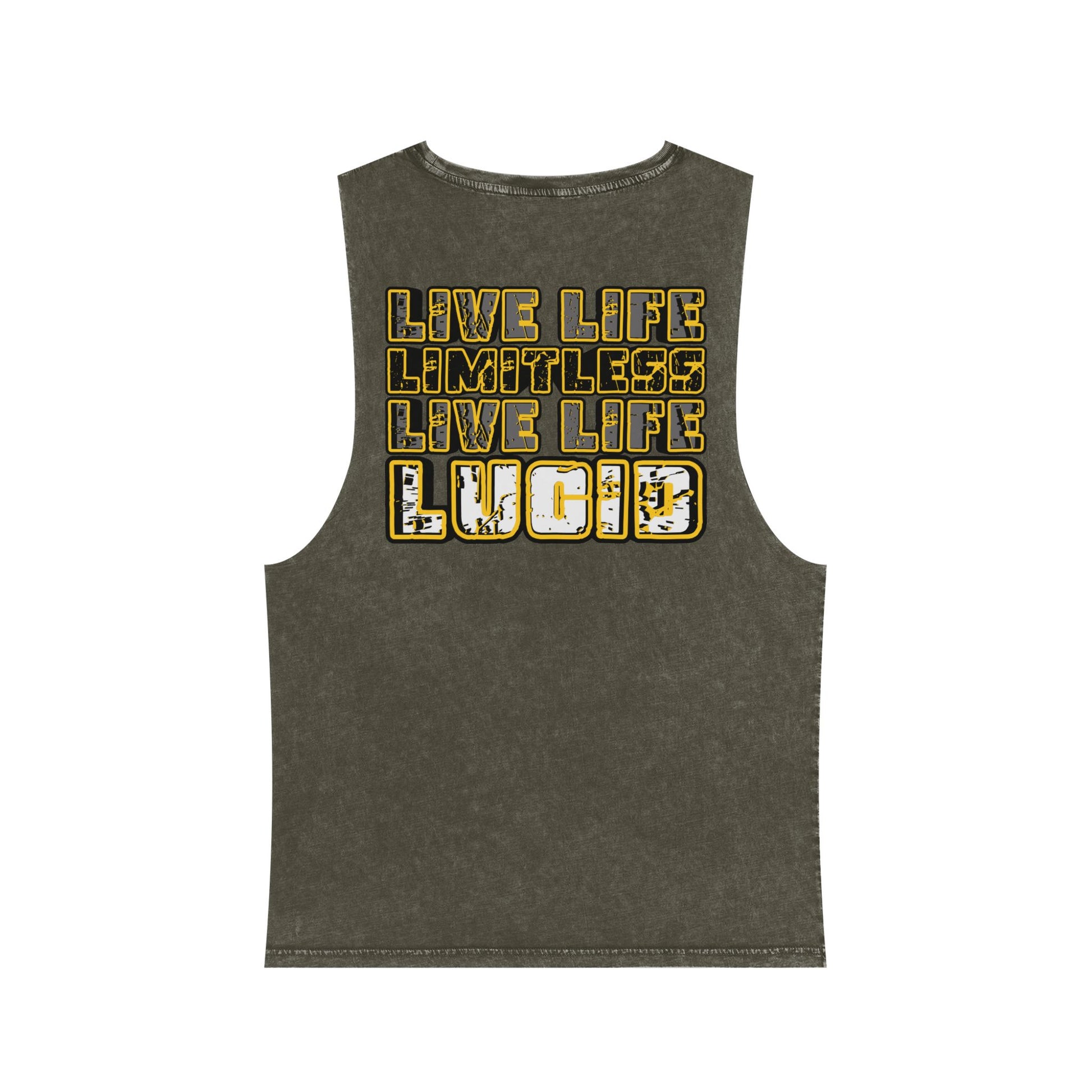 Moss Stone Live Life Limitless stonewash tank, back graphic, flat