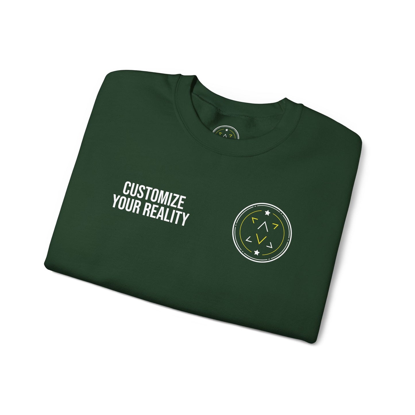 Forest green custom Lucid Reality crewneck, folded, front emblem detail