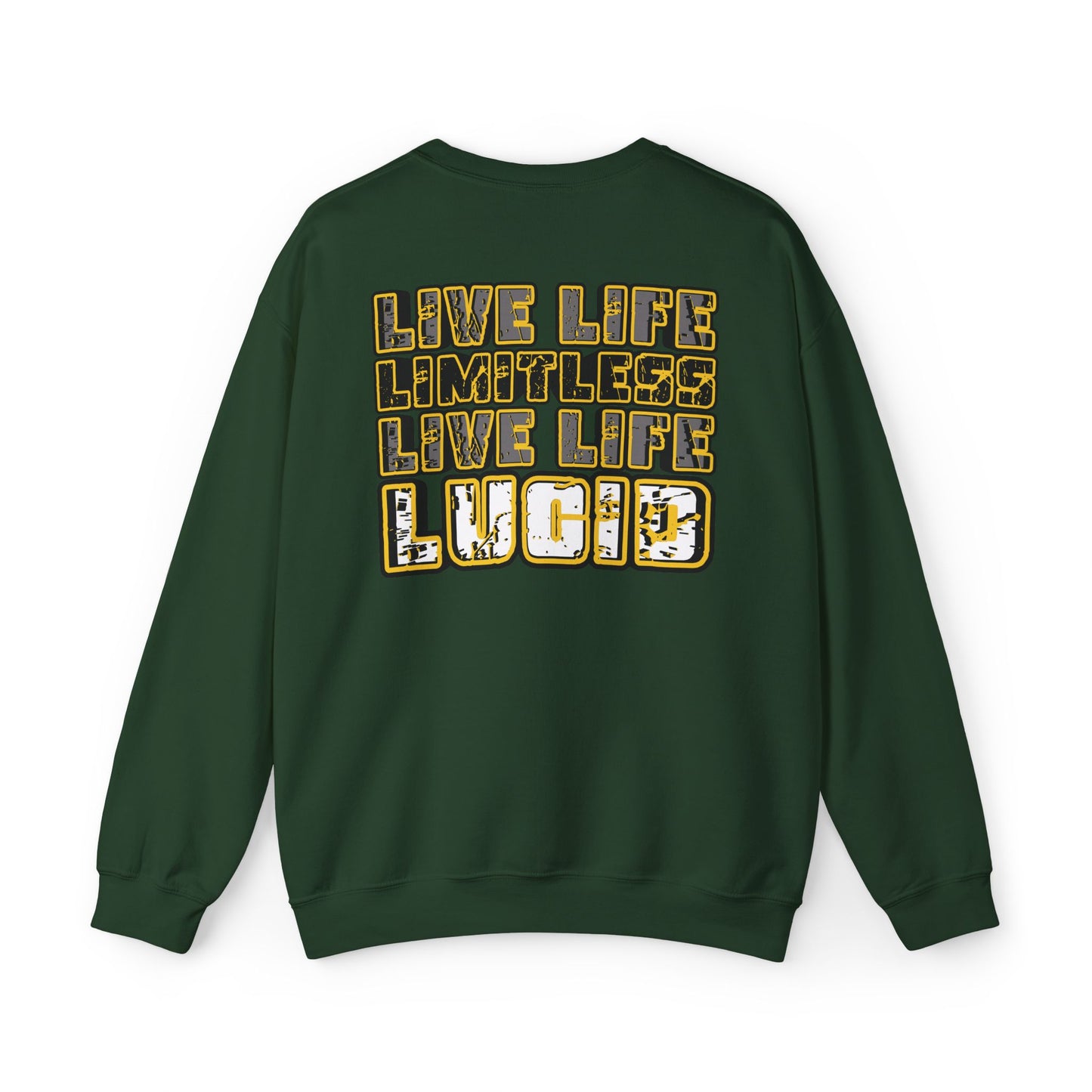 Forest green Live Life Limitless crewneck, back graphic, flat