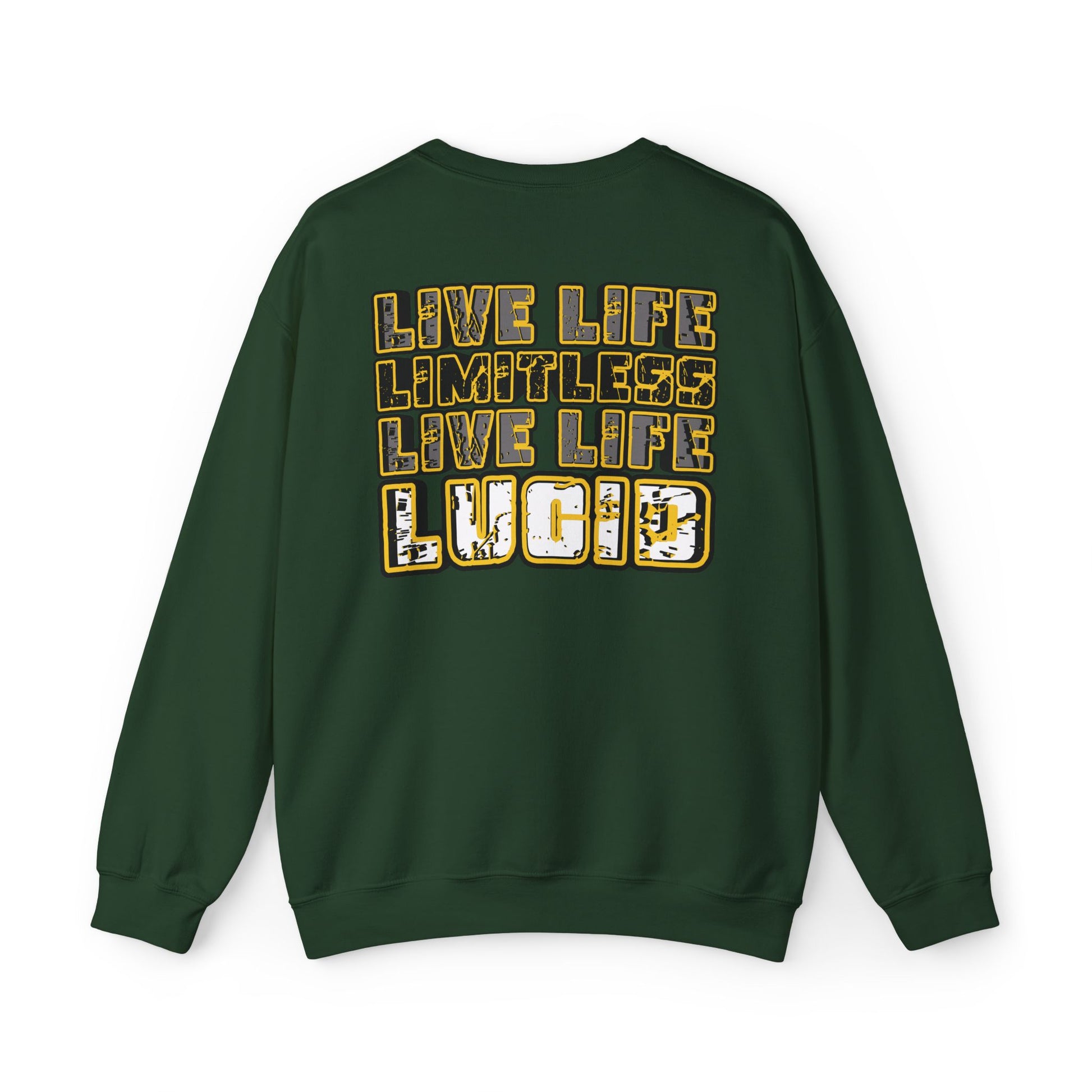 Forest green Live Life Limitless crewneck, back graphic, flat