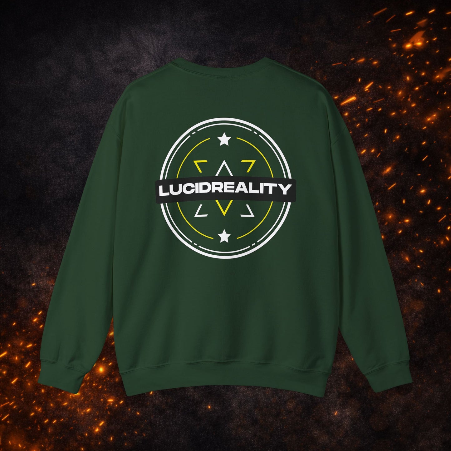 Back view of the green Logo Crewneck Sweatshirt with large "LUCIDREALITY" circular shield design.
