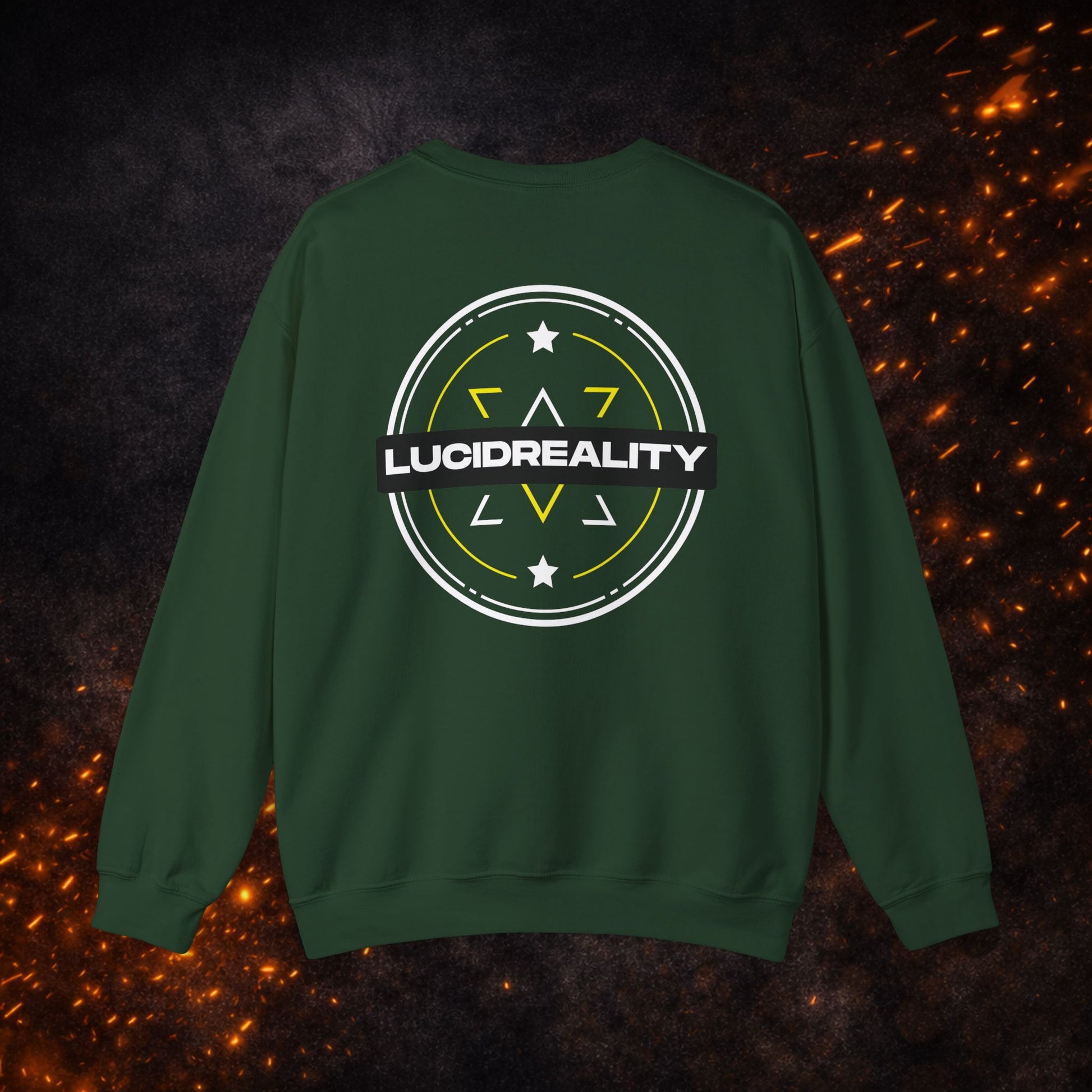 Back view of the green Logo Crewneck Sweatshirt with large "LUCIDREALITY" circular shield design.