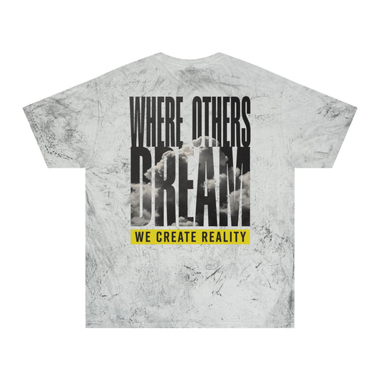 Amethyst Color Blast tee, marbled purple, back Where Others Dream We Create Reality graphic, flat