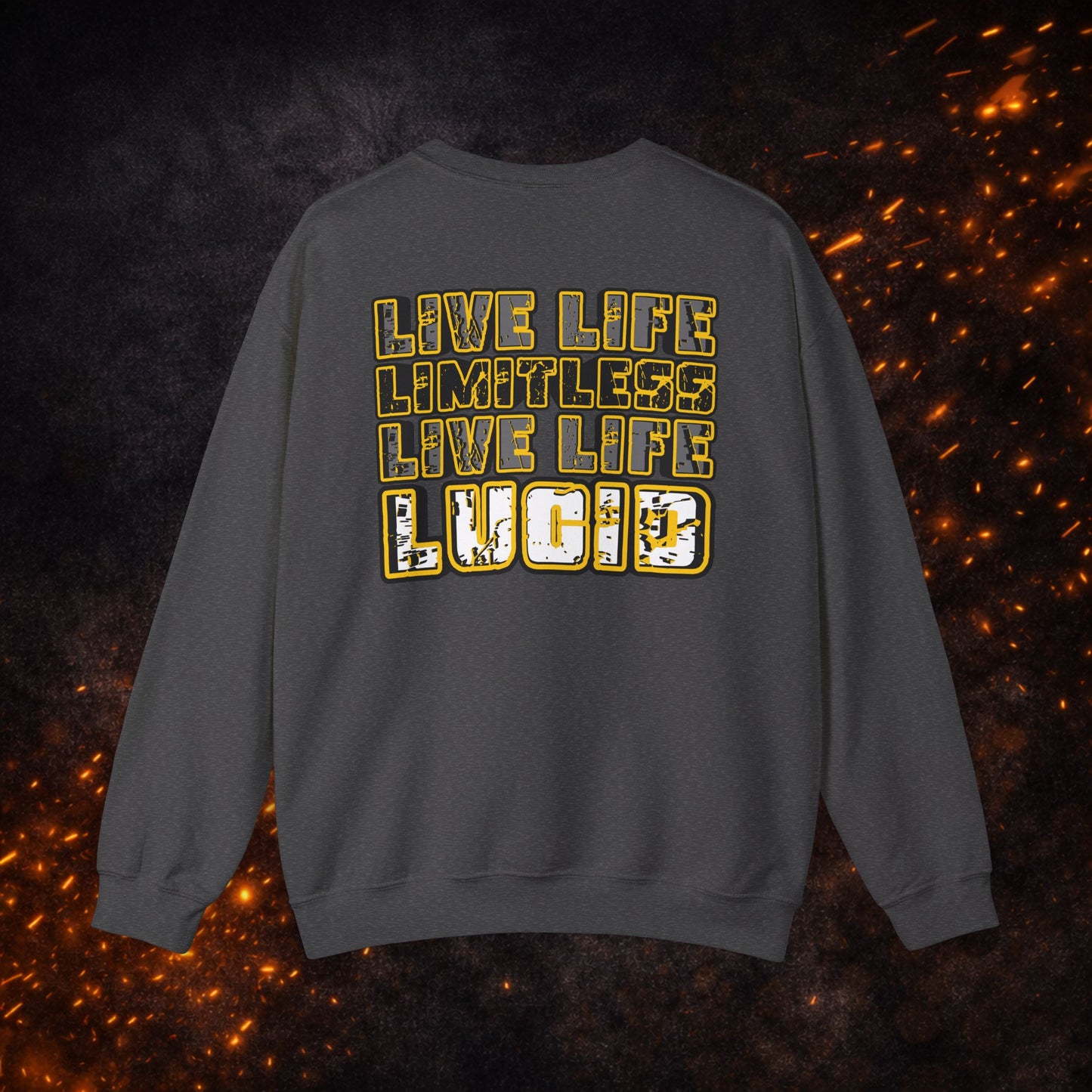 Back view of the dark gray "Live Life Limitless Live Life Lucid" Crewneck Sweatshirt featuring the gold lettering.