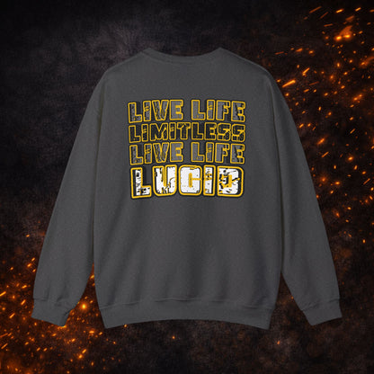 Back view of the dark gray "Live Life Limitless Live Life Lucid" Crewneck Sweatshirt featuring the gold lettering.