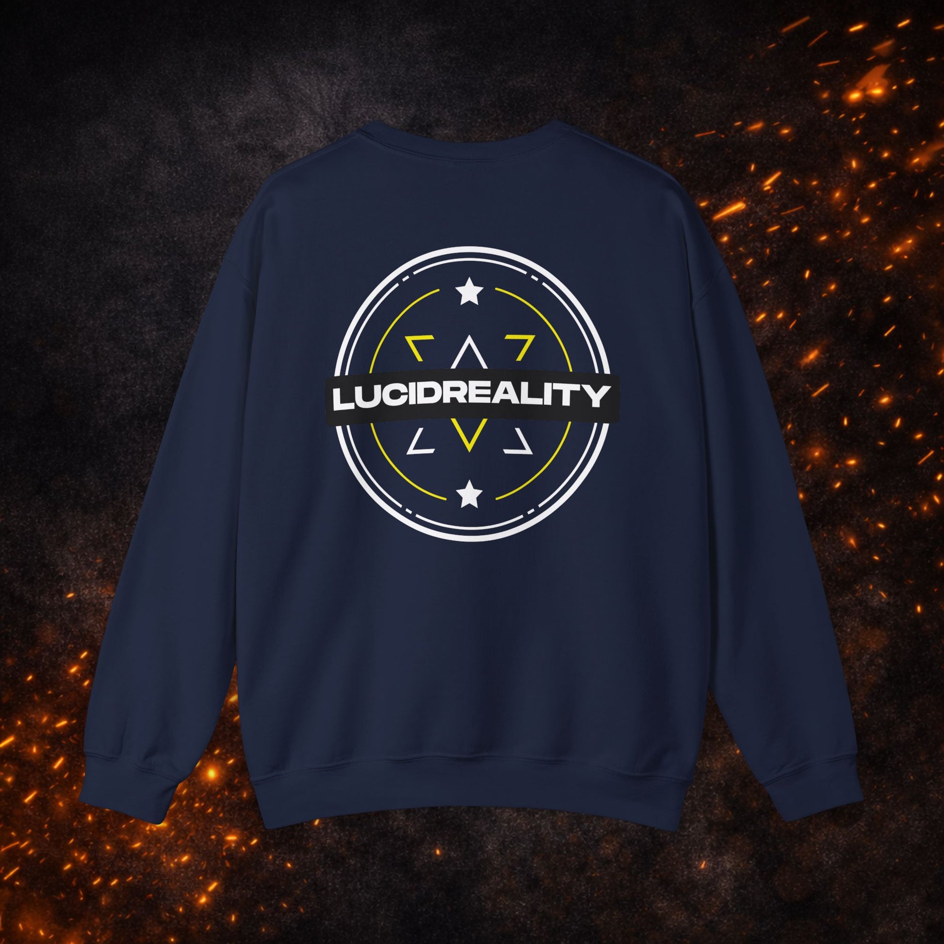 Back view of the navy blue Logo Crewneck Sweatshirt with the large "LUCIDREALITY" circular shield design.