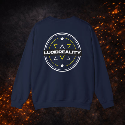 Back view of the navy blue Logo Crewneck Sweatshirt with the large "LUCIDREALITY" circular shield design.