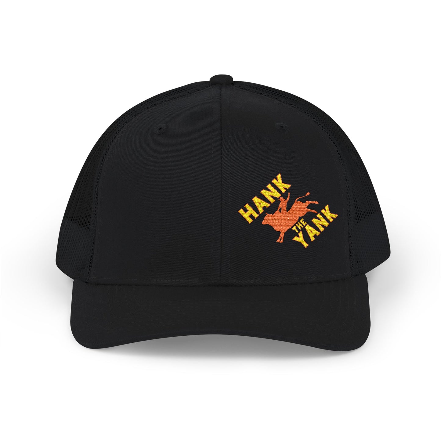 Hank the Yank Trucker Hat, a Richardson 112 mesh-back snapback with a red bull rider design