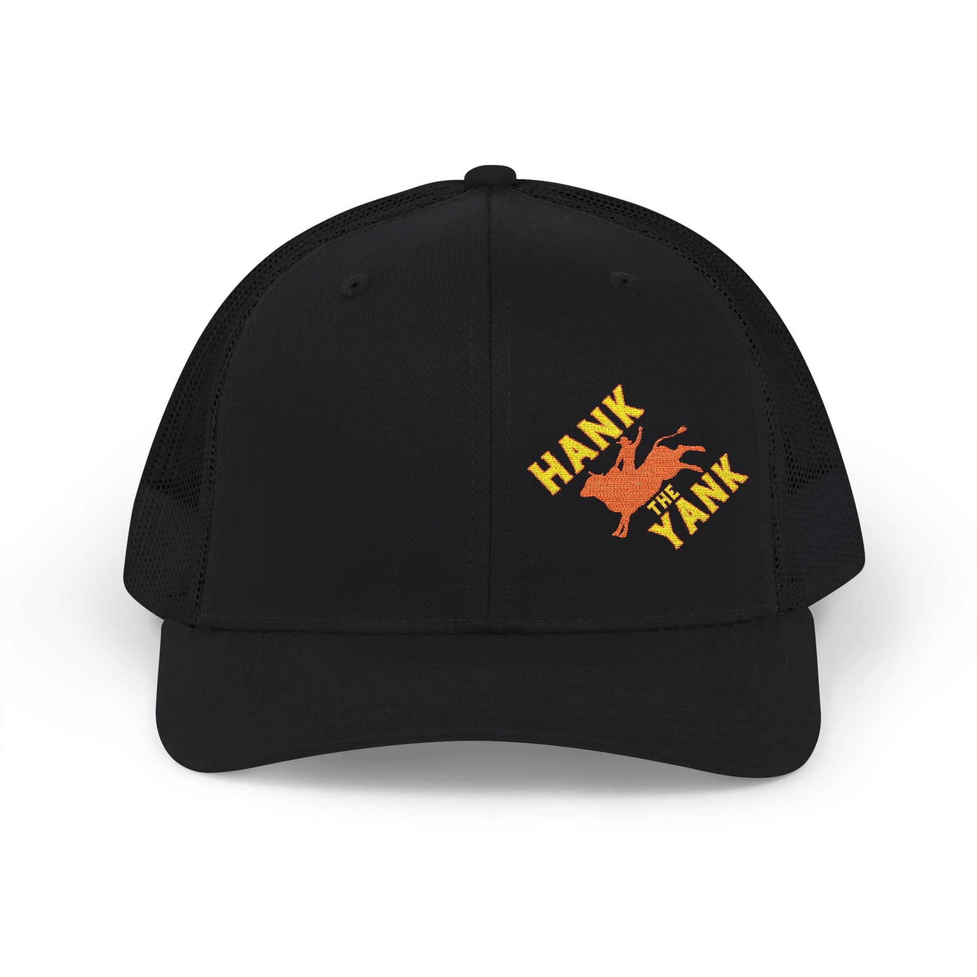 Hank the Yank Trucker Hat, a Richardson 112 mesh-back snapback with a red bull rider design