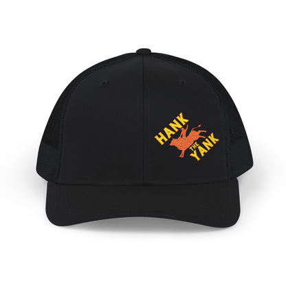 Hank the Yank Trucker Hat, a Richardson 112 mesh-back snapback with a red bull rider design