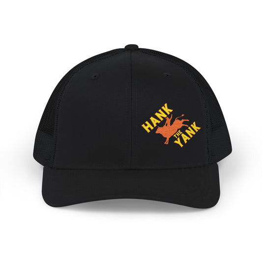 Hank the Yank Trucker Hat, a Richardson 112 mesh-back snapback with a red bull rider design