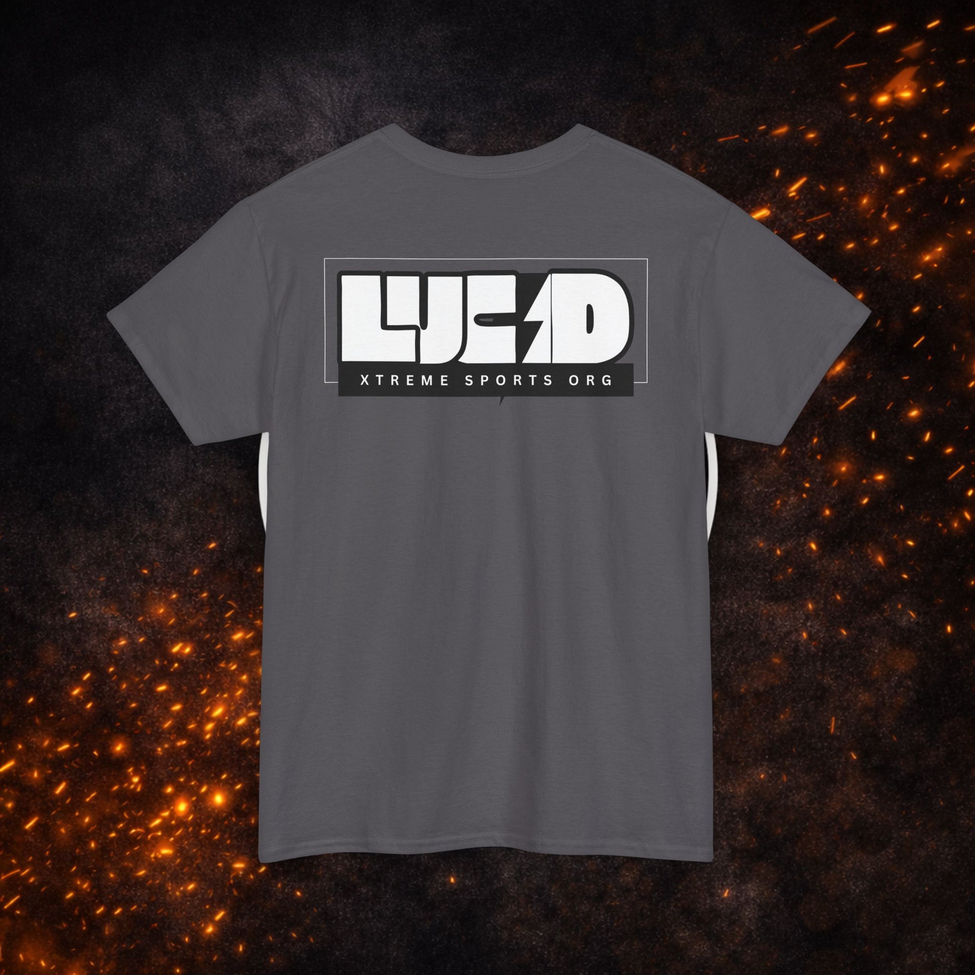 Back view of the dark gray Lightning Bolt Tee with white "LUCID" lightning design.