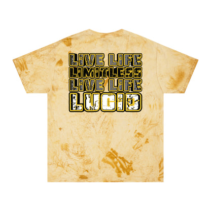 Citrine Color Blast tee, marbled yellow, Live Life Limitless back graphic, flat