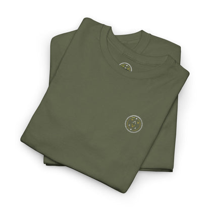 Lifestyle photo of the Lucid Reality Minimalist Embroidered Logo Tee – White & Gold
