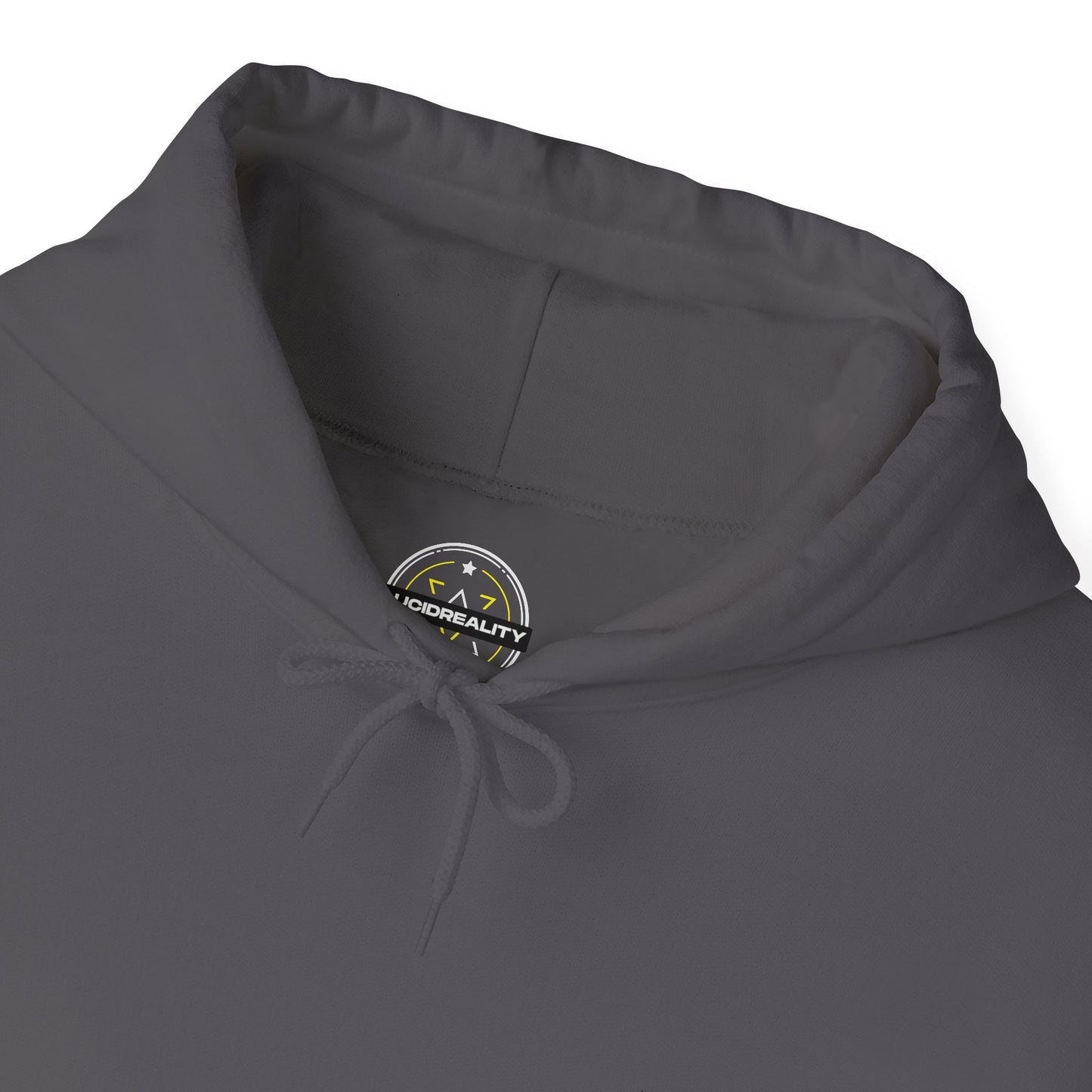 Lifestyle photo of the Lucid Reality Minimalist Embroidered Logo Hoodie – White & Gold