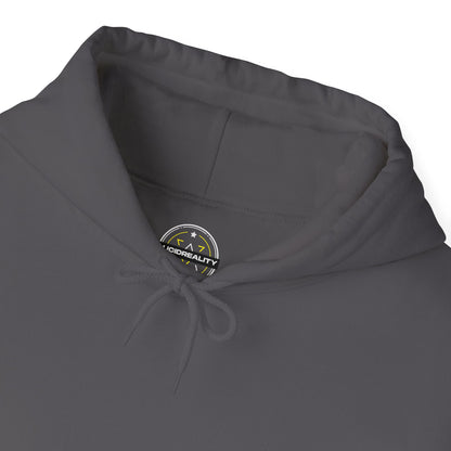 Lifestyle photo of the Lucid Reality Minimalist Embroidered Logo Hoodie – White & Gold