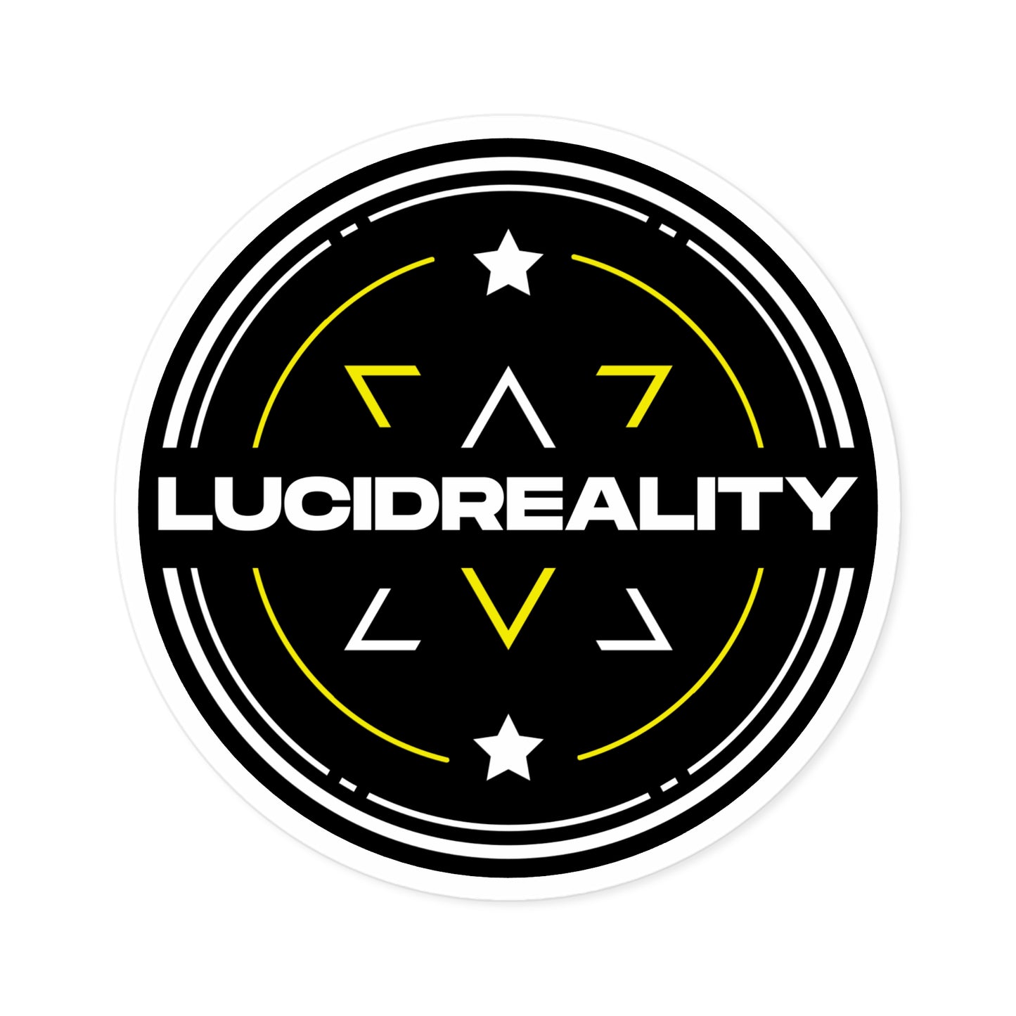 Standalone product view of the round Lucid Reality logo sticker with white "LUCIDREALITY" text on black background.