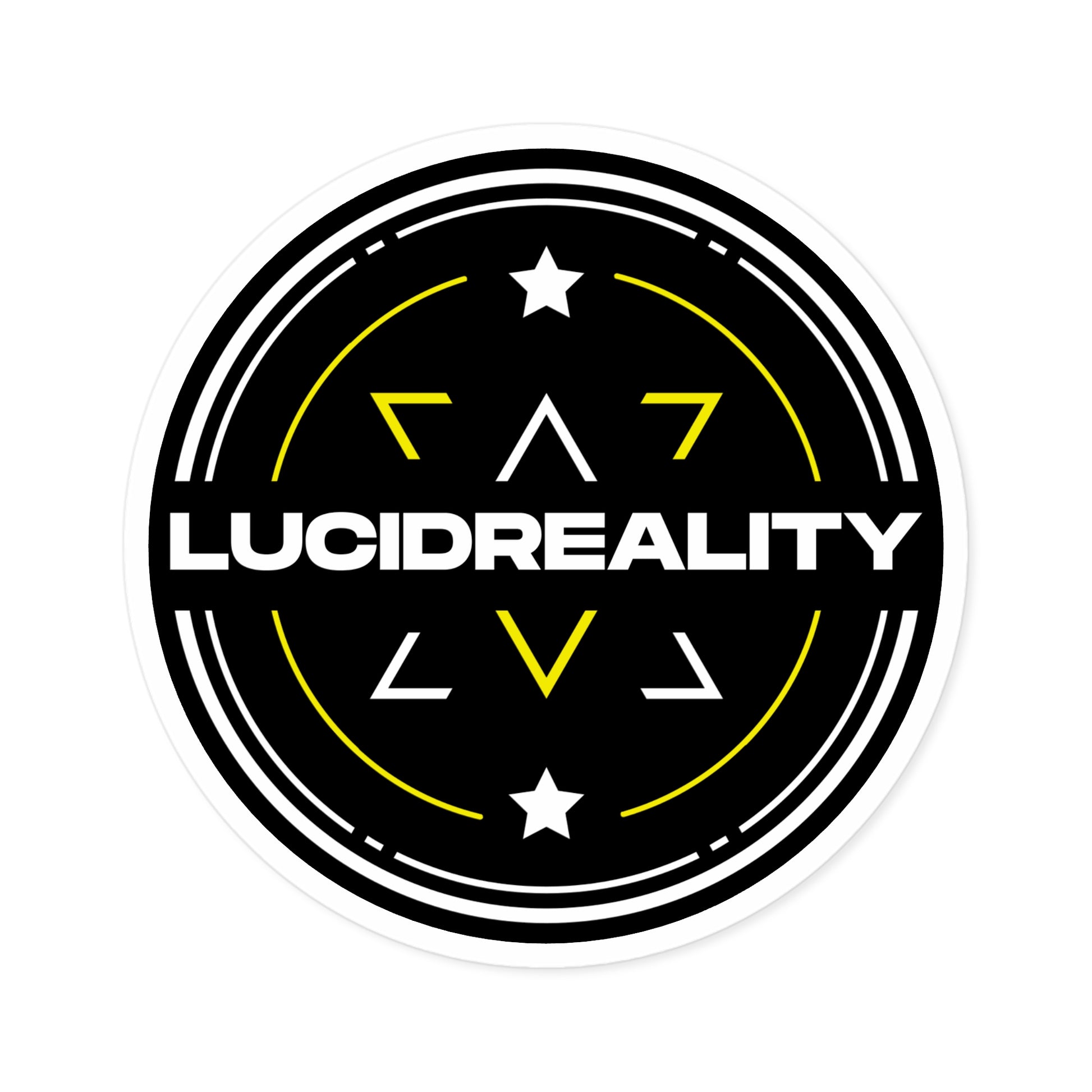 Standalone product view of the round Lucid Reality logo sticker with white "LUCIDREALITY" text on black background.