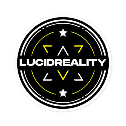 Standalone product view of the round Lucid Reality logo sticker with white "LUCIDREALITY" text on black background.