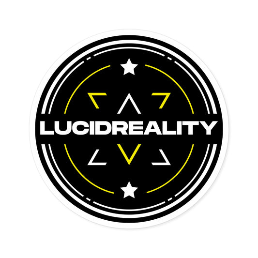 Standalone product view of the round Lucid Reality logo sticker with white "LUCIDREALITY" text on black background.