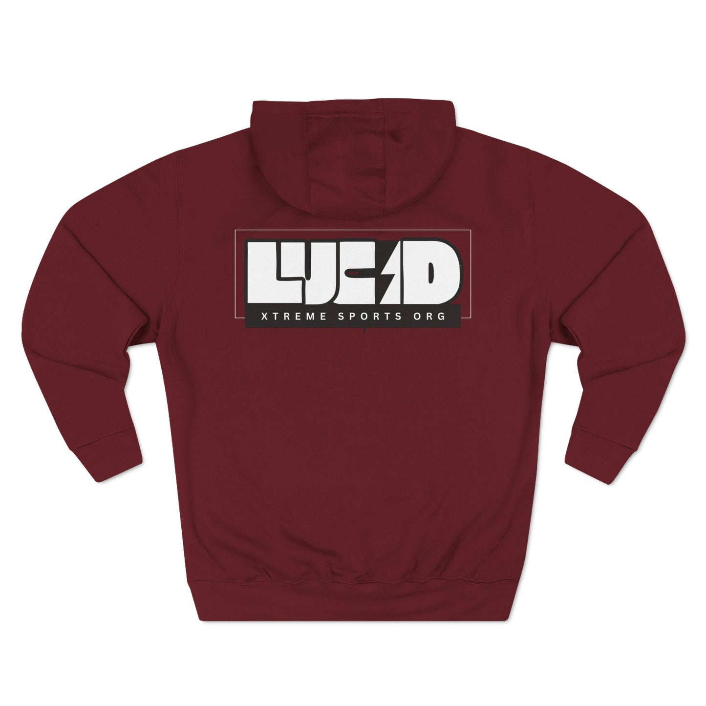 Back view of the maroon Lightning Bolt Fleece Pullover Hoodie featuring the white LUCID design with lightning bolt detail.