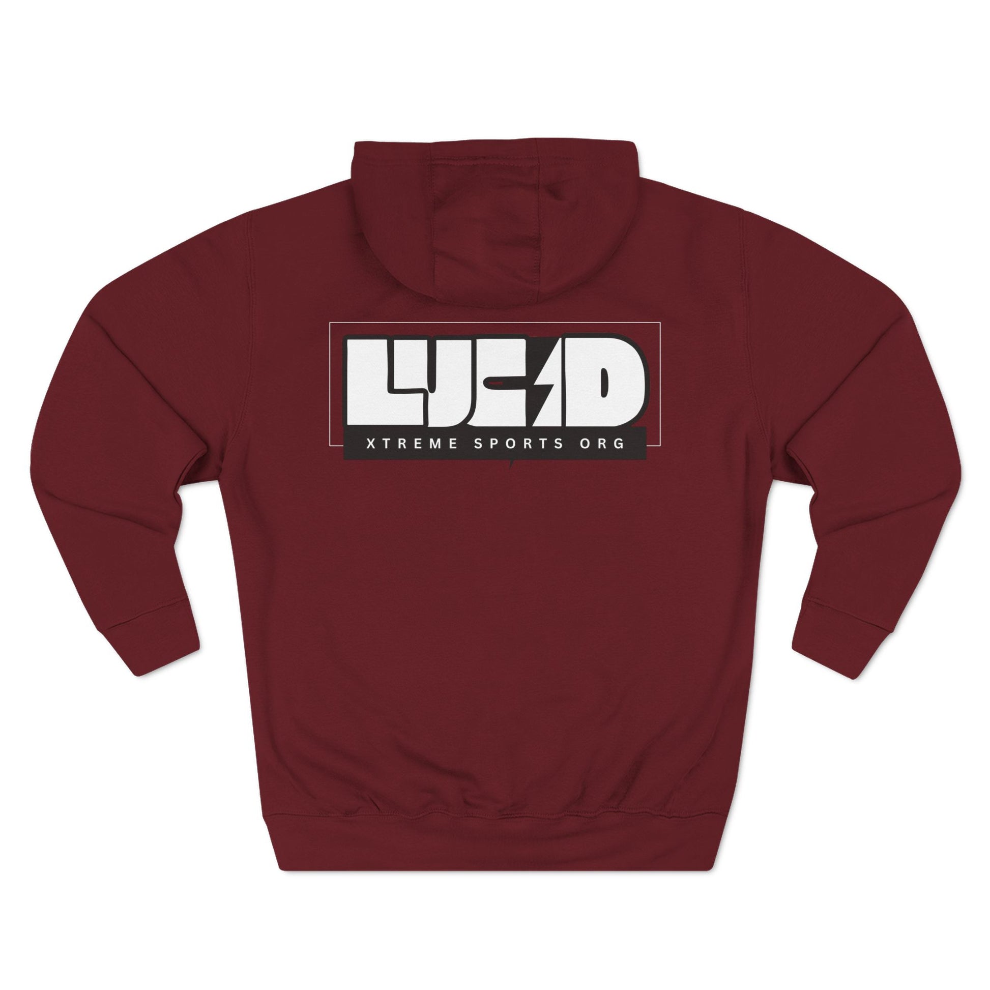 Back view of the maroon Lightning Bolt Fleece Pullover Hoodie featuring the white LUCID design with lightning bolt detail.