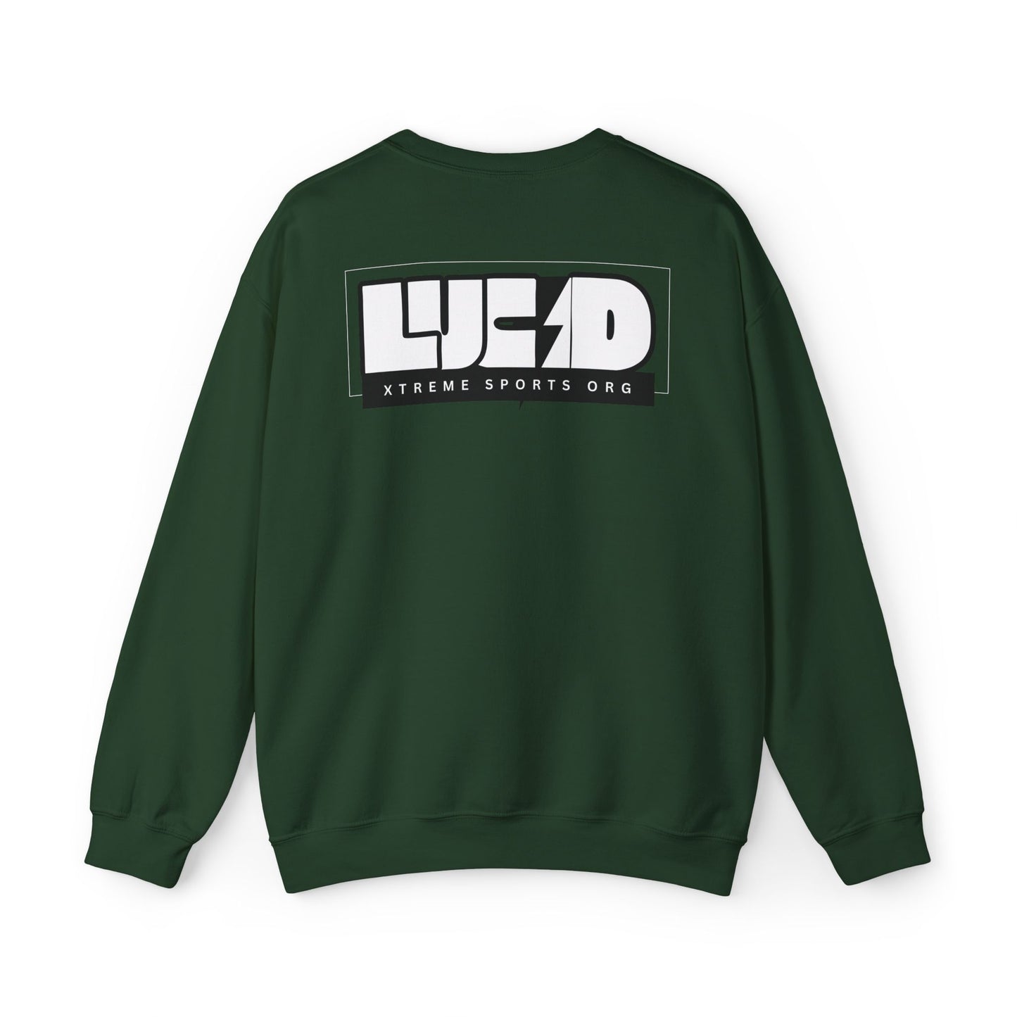 Forest green Lucid Reality crewneck, block LUCID logo back graphic, flat