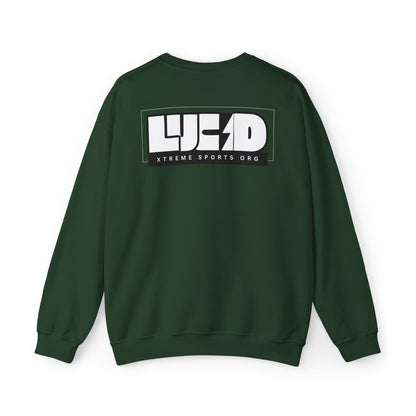 Forest green Lucid Reality crewneck, block LUCID logo back graphic, flat
