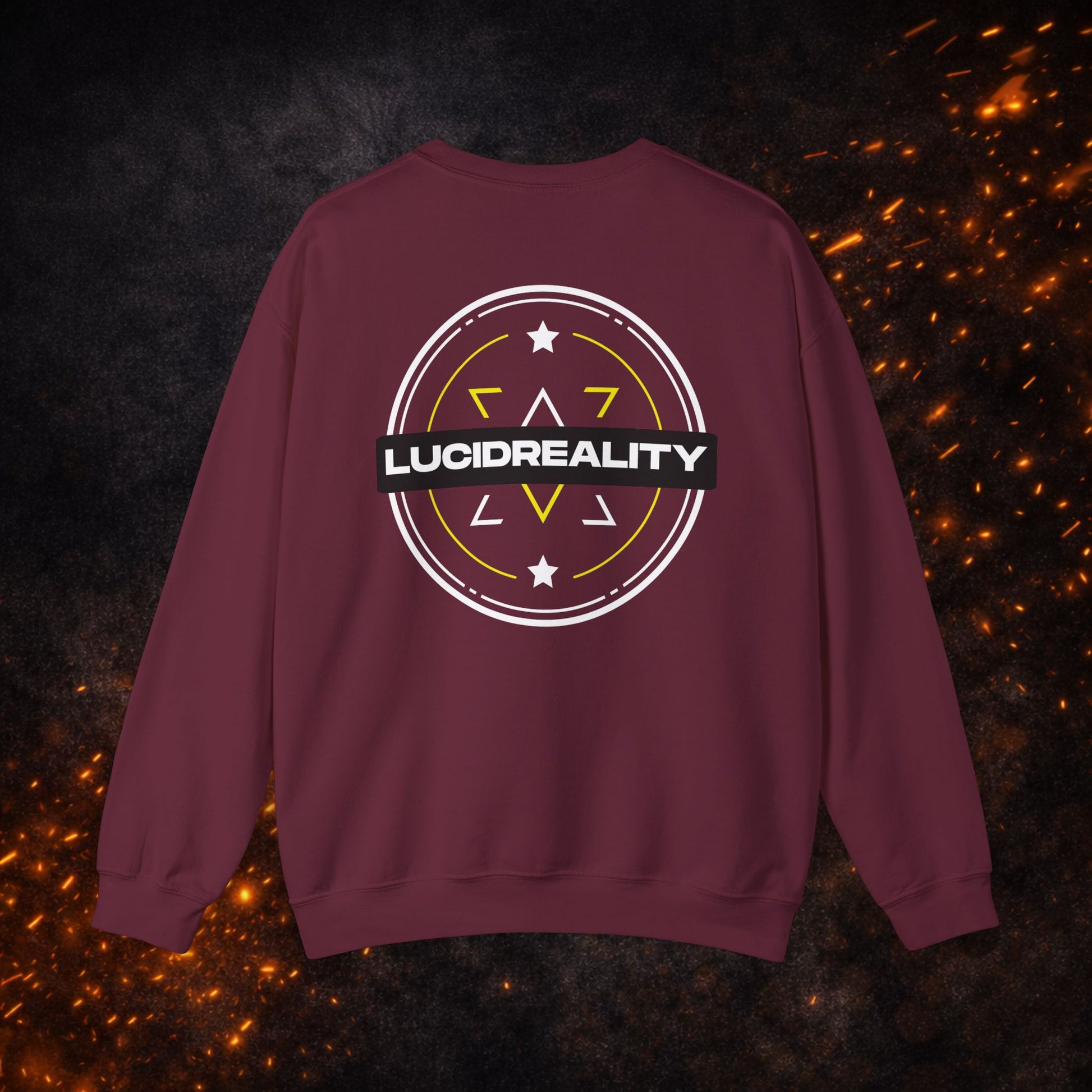 Back view of the maroon Logo Crewneck Sweatshirt featuring the "LUCID REALITY" circular shield graphic.