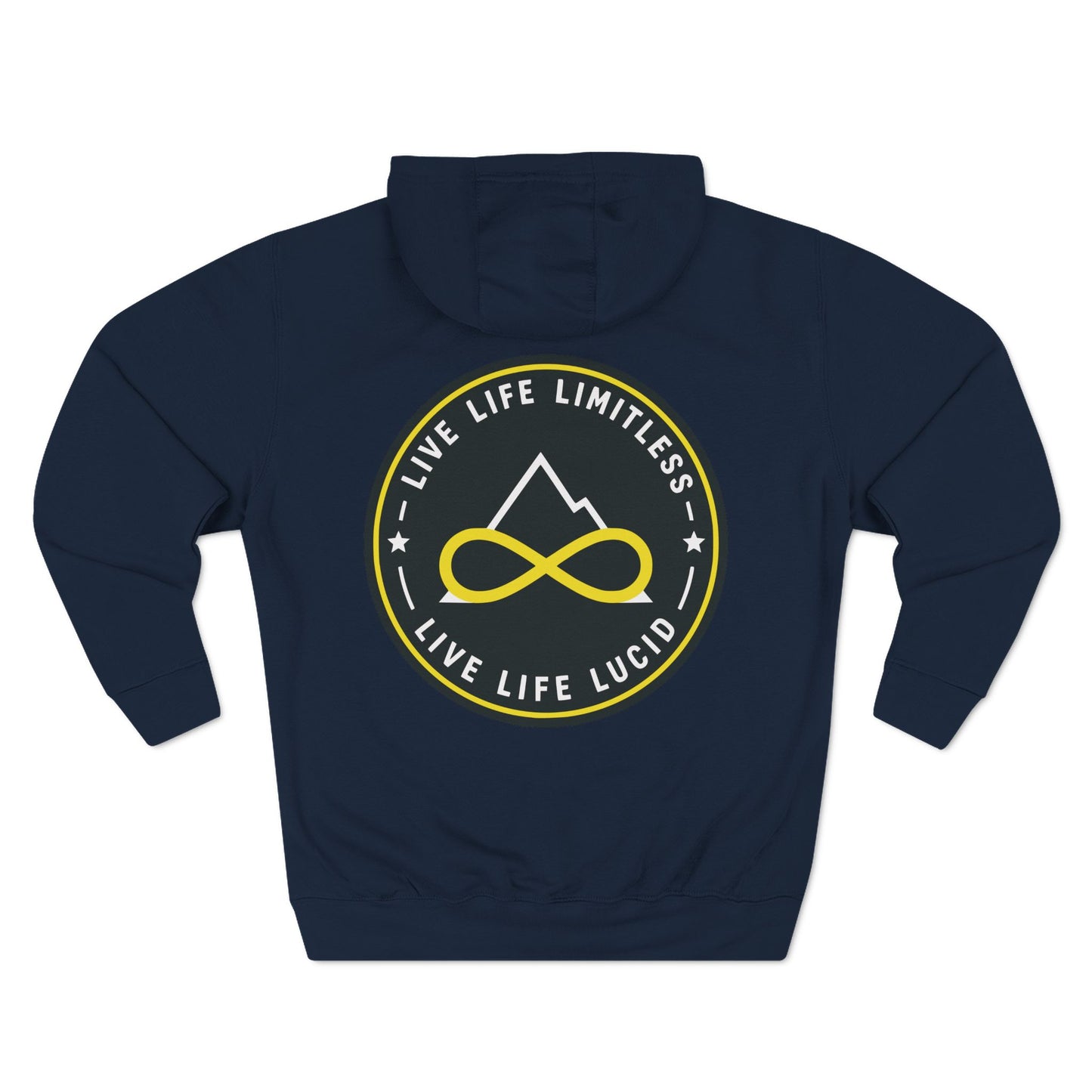 Back of the navy Live Life Limitless Fleece Pullover Hoodie with the gold mountain-and-infinity badge.