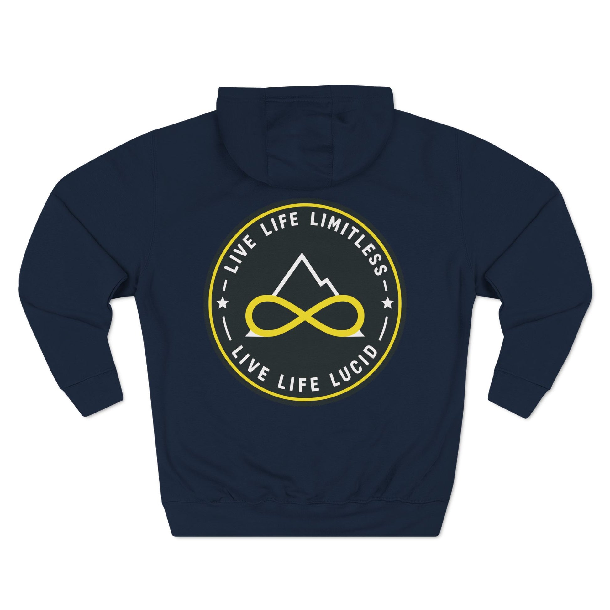 Back of the navy Live Life Limitless Fleece Pullover Hoodie with the gold mountain-and-infinity badge.