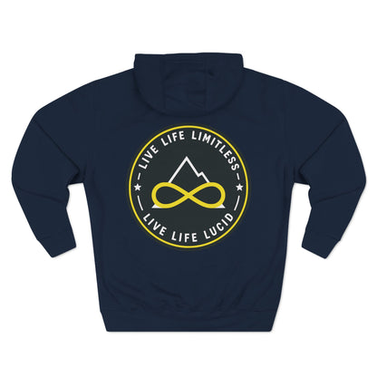Back of the navy Live Life Limitless Fleece Pullover Hoodie with the gold mountain-and-infinity badge.