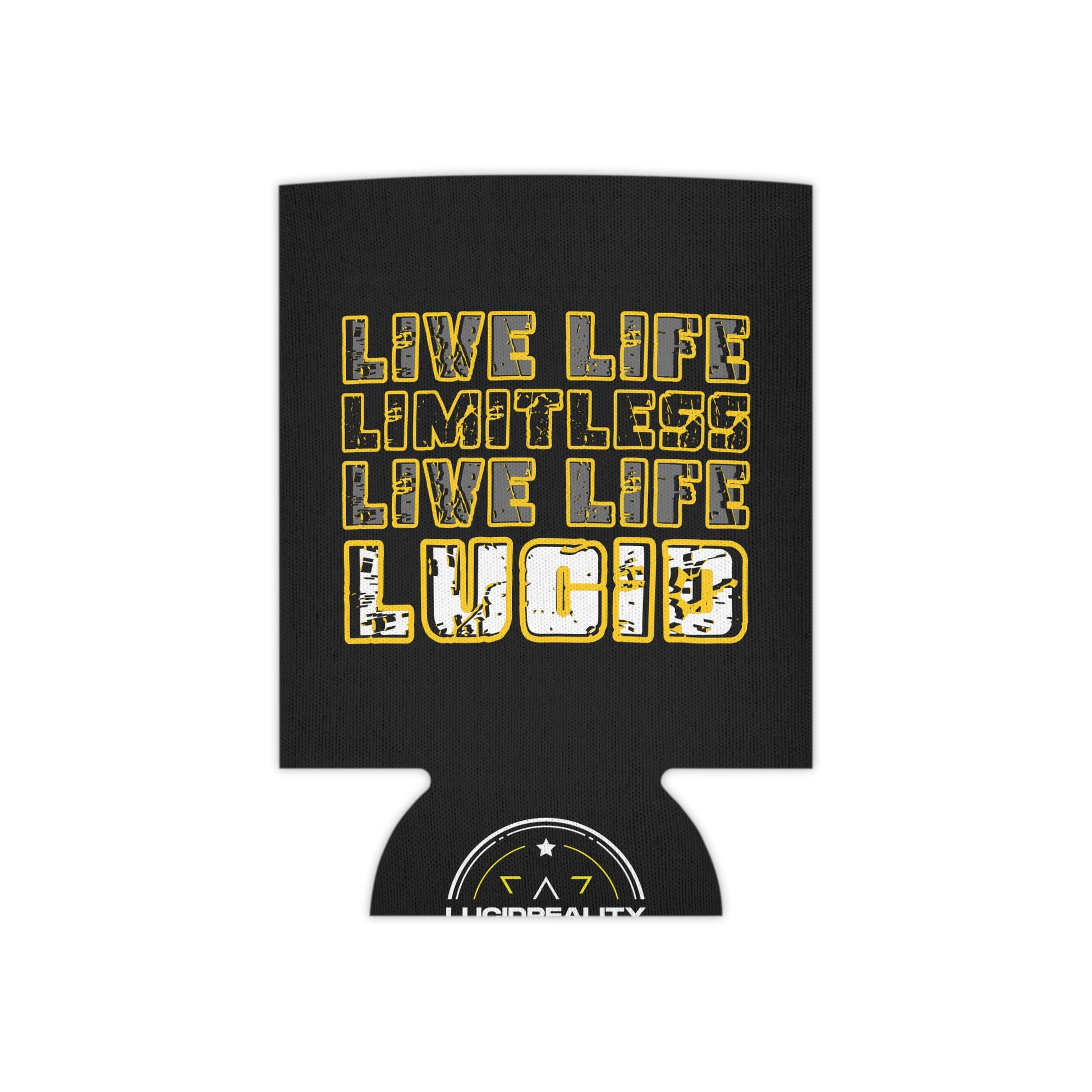 Black can koozie featuring "LIVE LIFE LIMITLESS LIVE LIFE LUCID" stacked text design in metallic gold lettering, front view.