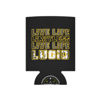 Black can koozie featuring "LIVE LIFE LIMITLESS LIVE LIFE LUCID" stacked text design in metallic gold lettering, front view.